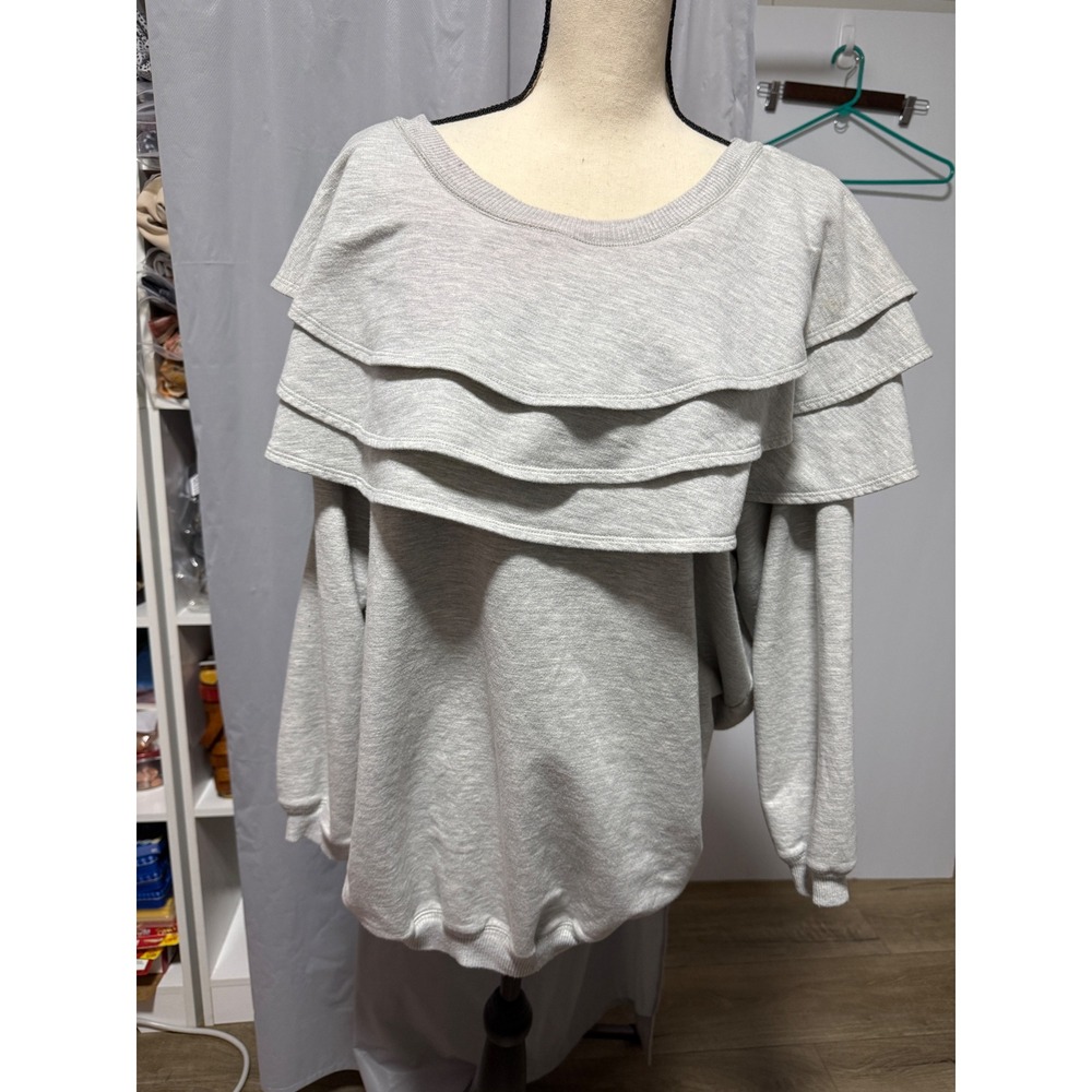 NWT Roamans Womens 1X Heather Grey Ruffle Tiered Sweatshirt Long Sleeve Pullover